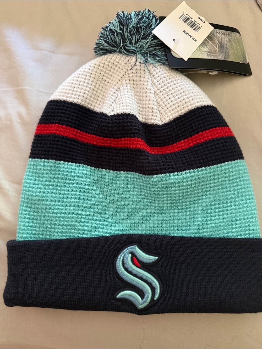 Fanatics Seattle Kraken Logo Knit Pom Beanie in Teal, Navy, White, Red